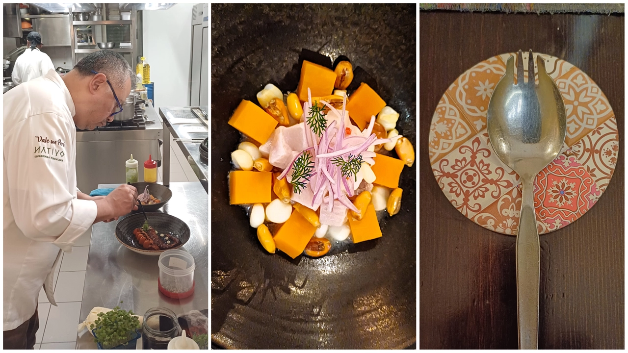 Lo chef Miguel Bustinza nella sua cucina di Vale un Perù a Torino; il ceviche e la particolare posata creata in SudAmerica per gustare al meglio questo piatto che dal 2023 è patrimonio Unesco Lo chef Miguel Bustinza nella sua cucina di Vale un Perù a Torino; il ceviche e la particolare posata creata in SudAmerica per gustare al meglio questo piatto che dal 2023 è patrimonio Unesco